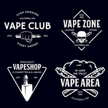 Vape Shop Labels Emblems Badges Set. Vaping Related Typography Collection. Trendy Design Elements For T-shirt Prints And Advertising.