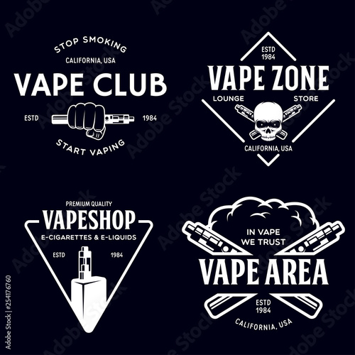 vape shop labels emblems badges set vaping related typography collection trendy design elements for t shirt prints and advertising buy this stock vector and explore similar vectors at adobe stock adobe vape shop labels emblems badges set
