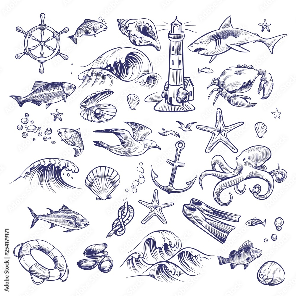Hand drawn marine set. Sea ocean voyage lighthouse shark crab octopus ...