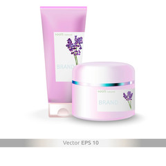 cosmetic set: hand cream in a tube with lavender and face cream in a plastic jar with the scent of lavender. Vector layout - natural care cosmetics. Cosmetic ads template