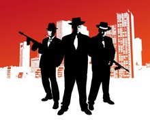 Mafia Boss With Machine Gun Stands In Front Of Skyline Of A City With Design Elements In The Background