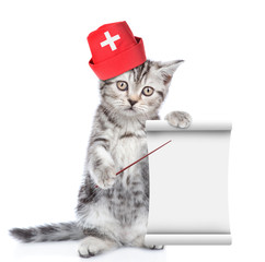 Poster - Funny kitten in medical hat pointing on empty list. isolated on white background