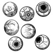 Engraving hand drawing human eyeball set. Eye collection in different directions. Vector.