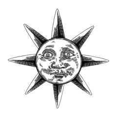 Wall Mural - sunrise engraving illustration. vintage engraved sun with face of the human like. anthropomorphic fl