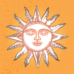 Wall Mural - sunrise engraving illustration. vintage engraved sun with face of the human like. anthropomorphic fl