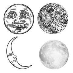 Wall Mural - Set of hand drawn sketch of moon human like face or anthropomorphic planet and realistic stipple of the crescent  moon , isolated on white. Detailed vintage style stipple drawing. Vector.