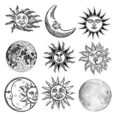 Wall Mural - large set of different moon and sun styles. hand drawn sketch of crescent and fool moon with human l