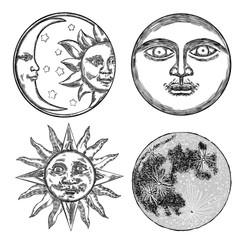 Wall Mural - style set of realistic full moon and human face like crescent, stipple hand drawing, anthropomorphic