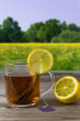© JeDo - Relaxation with lemon tea concept. A tea cup on wooden table.