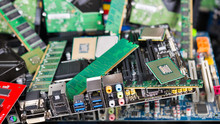 Computer And Laptop Cards. Mainboards, Chips And Memories. Pile Of New Obsolete PC Parts. CPU, PCB, RAM, DIMM, Connectors, Slots, Capacitors. Electronic Waste Sorting, Recycling And Disposal. Ecology.