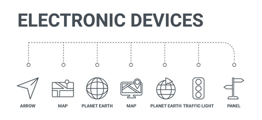 Poster - simple set of 7 line icons such as panel, traffic light, planet earth, map, planet earth, map, arrow from electronic devices concept on white background