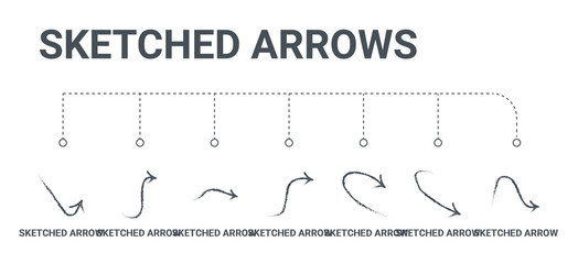 Poster - simple set of 7 line icons such as sketched arrow, sketched arrow, sketched arrow, from arrows concept on white background