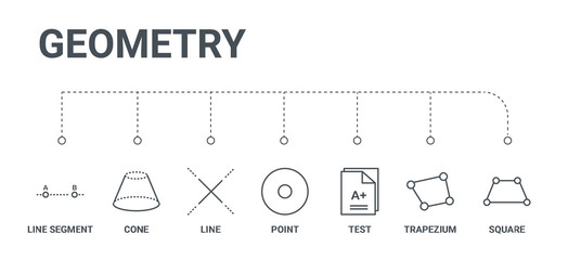 simple set of 7 line icons such as square, trapezium, test, point, line, cone, line segment from geometry concept on white background