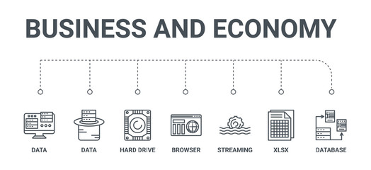 Poster - simple set of 7 line icons such as database, xlsx, streaming, browser, hard drive, data, data from business and economy concept on white background