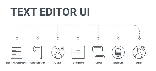 Poster - simple set of 7 line icons such as user, switch, chat, division, user, paragraph, left alignment from text editor ui concept on white background