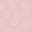 Soft, pastel pink background with donuts. Vector seamless pattern with donuts. Cute sweet food baby background. Colorful design for textile, wallpaper, fabric, decor.