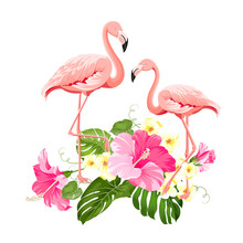 The Tropical Background. Summer Illustration With Bouquet Of Green Palm Leaves And Red Hibiscus Flowers. Illustration With Colorful Flamingo On White Background. Vector Illustration.