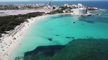 Wall Mural - Colonia Sant Jordi, Mallorca Spain. Amazing drone aerial landscape of the charming Estanys beach. Caribbean colors, green and blue