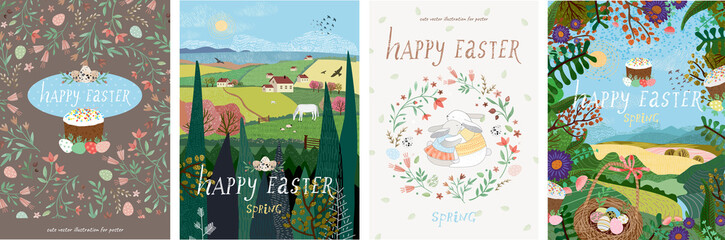 Wall Mural - Happy easter! Set of cute vector illustrations for a poster, cover, card, invitation or banner. Congratulations on the holiday.