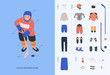 Ice hockey equipment guide for young male players. Isolated flat vector illustration as  infochart for web or print with boy and  hockey necessary equipment 