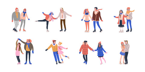 Collection of tiny skating couples having fun on ice rink. Romantic illustration with tiny people in love dressed in winter clothes and holding hands. Isolated vector illustrations in flat style. 