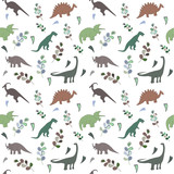 Fototapeta Dinusie - Seamless pattern with multicolors dinosaurs and bright leaf on the white background