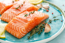 Seafood. Fresh Raw Salmon Or Trout Fillets With Ingredients