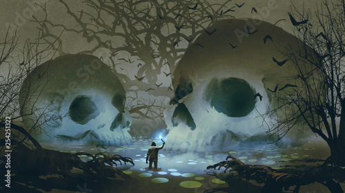Fotografía man with a magic torch walking in the haunted swamp, digital art style, illustra