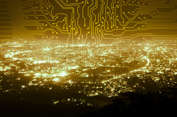 Fototapete - abstract data digital line connection on night city background , gold tone