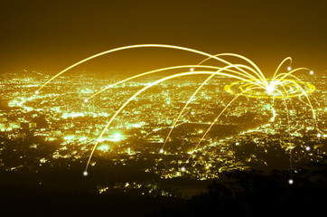 Poster - abstract line connection on night city background , gold tone
