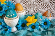 Wielkanocne biało-błękitne tło z koronką, błękitnymi pisankimi , piórami, żółtymi i niebieskimi kwiatami