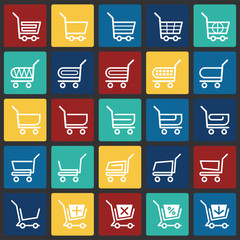 Poster - Shop cart icons set on color squares background for graphic and web design. Simple vector sign. Internet concept symbol for website button or mobile app.