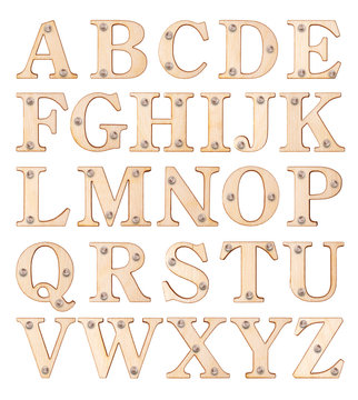 Latin alphabet made of wood with nails, isolated on white background (part 1. Letters)