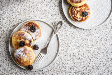 Wall Mural - Homemade curd fritters with berries and a cup of milk on a gray background. Healthy and diet breakfast