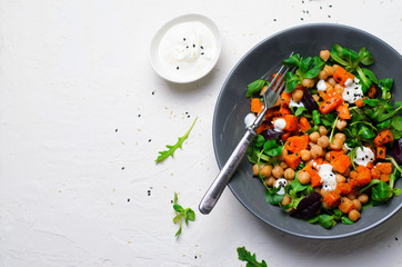 Healthy Vegetarian Salad, Roasted Pumpkin and Chickpea Salad in a Bowl