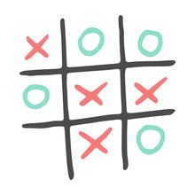 Hand-drawn Tic Tac Toe Game. Vector Color Illustration Isolated On White Background.