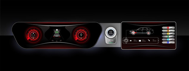 Poster - The concept car instrument panel, red backlight and a additional display settings of the car. Engine start and auto start button. Vector illustration.