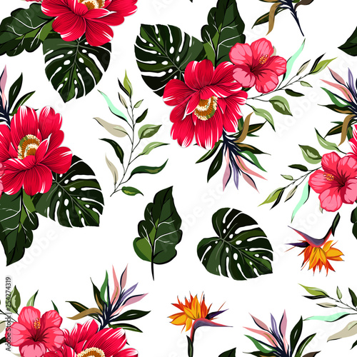 tropical pink flower with leaves Seamless pattern