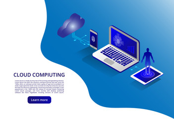 Poster - Isometric modern cloud technology and networking concept. Web cloud technology business. Cloud computing online storage low poly. Polygonal future modern internet business technology.
