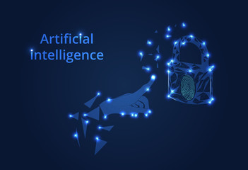 Poster - Lock. Cyber security concept, protection. Polygonal wireframe mesh looks like constellation on dark blue night sky with dots and stars.