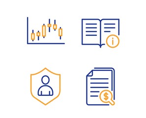 Poster - Candlestick graph, Technical info and Security icons simple set. Financial documents sign. Finance chart, Documentation, Private protection. Check docs. Linear candlestick graph icon. Vector