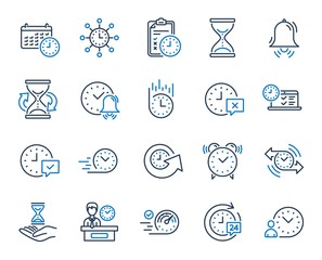 Poster - Time line icons. Set of Calendar, Time management timer and Delivery service linear icons. Checklist, Stopwatch timer and hourglass. 24 hours and Presentation, calendar, checklist test. Vector