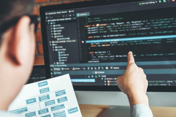 Developing programmer Development Website design and coding technologies working at software company office