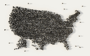 Large group of people forming USA or The United States of America flag map in social media and community concept on white background. 3d sign of crowd illustration from above gathered together