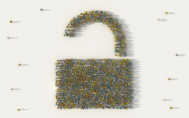Poster - large group of people forming a safety unlock symbol in social media and community concept on white 