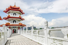 The Twin Pagodas On Jurong Lake, In The Chinese Garden With  Cloudy Sky In Singapore..