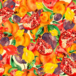 Seamless watercolor pattern with slices fruits, pomegranate fruit, peach fruit, plum, apricot, watermelon. Orange, purple and yellow colors. Vintage watercolor fashionable pattern of tropical fruit.