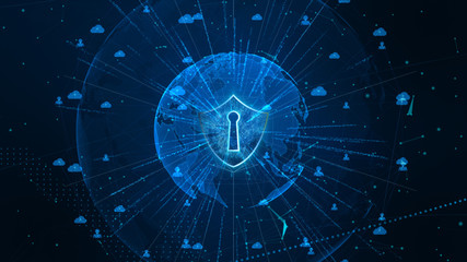 Poster - Shield Icon on Secure Global Network , Cyber Security and Protection of personal data concept. Earth element furnished by Nasa