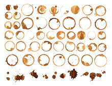 Set Of Various Coffee Stains From Cups Isolated On White Background.