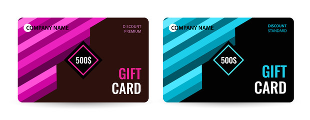 Bright Gift card with pink and blue stripes. Creative Gift card on black background. Universal dark flyer template for advertising your business. Vector Illustration.